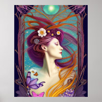 Belle Art Nouveau Bleu Fleurs papillon turquoises