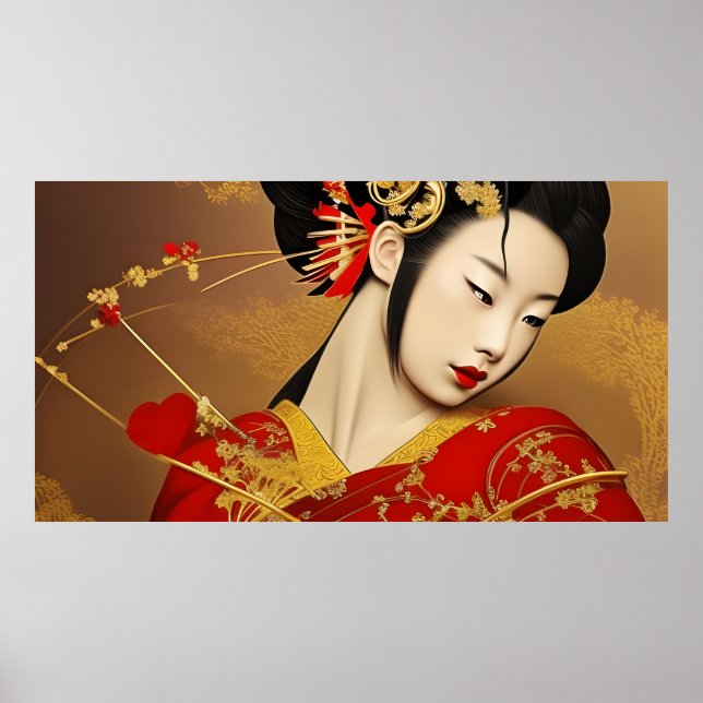 Poster Belle asiatique femme geisha or rouge (Devant)