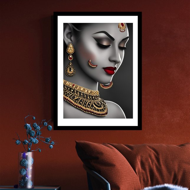 Poster Belle Asiatique Indienne Noir Blanc Rouge Gems (Créateur téléchargé)