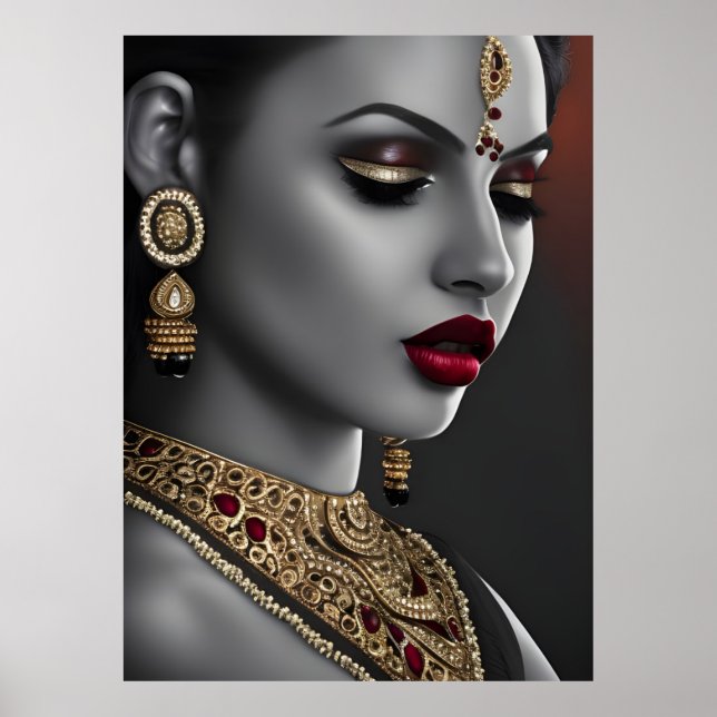 Poster Belle Asiatique Indienne Noir Blanc Rouge lèvres (Devant)