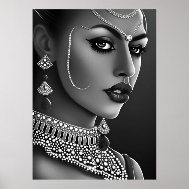 Poster Belle Asiatique Indienne Noir Perle Blanche (Devant)