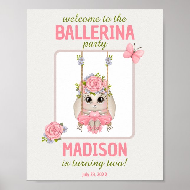 Poster Belle ballerine lapin anniversaire pastel rose bie (Devant)