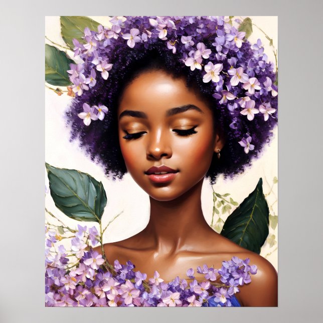 Poster Belle Black Girl Purple Fleurs Portrait (Devant)