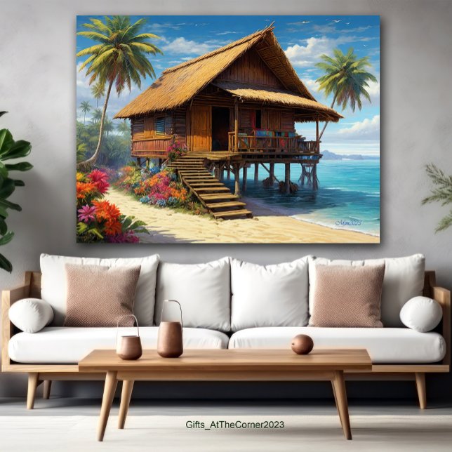 Poster Belle Cabane De Bambou Sur La Plage De L'Île Tropi (Créateur téléchargé)