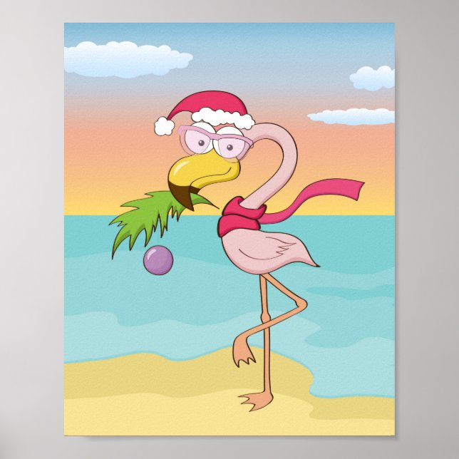 Poster Belle caricature Flamingo de Noël sur la plage (Devant)