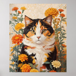 Poster Belle Chat Calico Avec Fleurs Marigold