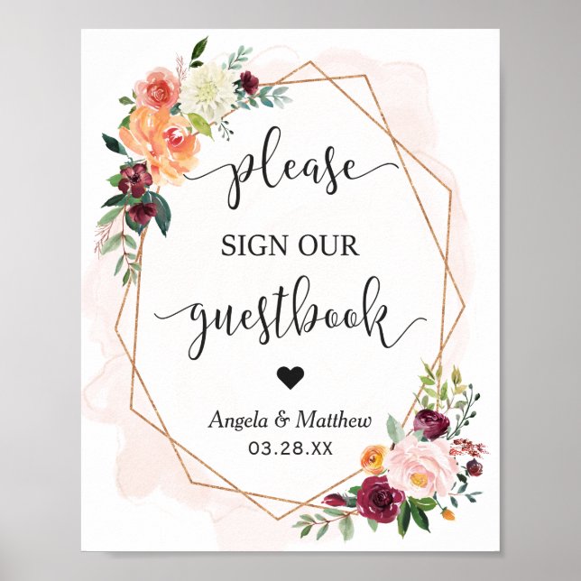 Poster Belle Chic Floral Frame Guestbook Mariage Sign (Devant)
