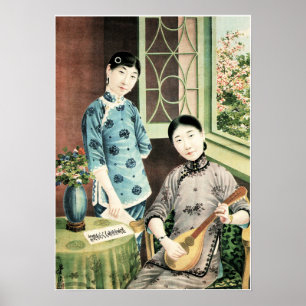 Poster Belle Chinoise Femme Portrait Musique Vieux Chinoi