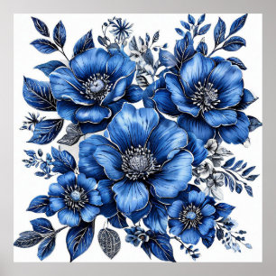 Poster Belle composition florale bleue et blanche