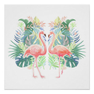 Poster Belle Conte Fée Pour Deux Flamants roses Fleur Tro