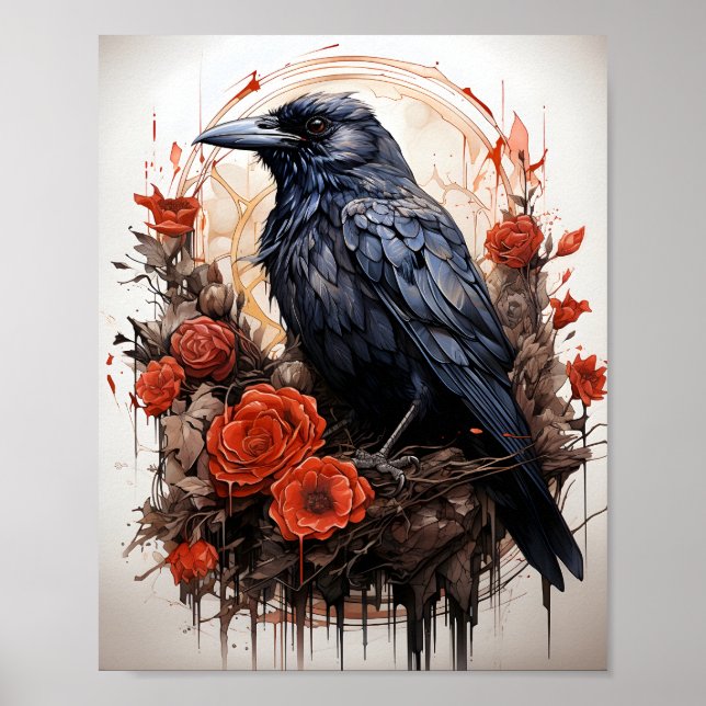 Poster Belle Corneille Noire Avec Des Roses Rouges (Devant)