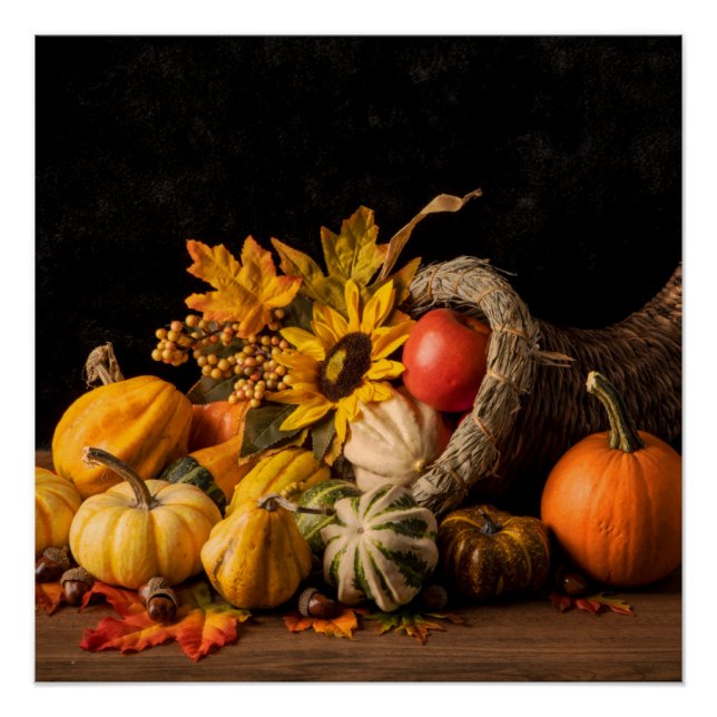 Poster Belle Cornucopia Remplie De Gourdes D'Automne (Devant)