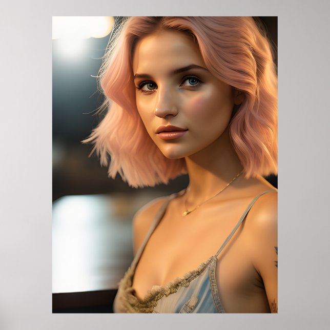 Poster Belle Dame Avec Cheveux Rose Pastel (Devant)