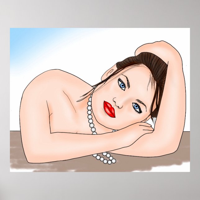 Poster Belle dame en perles aux yeux bleus (Devant)