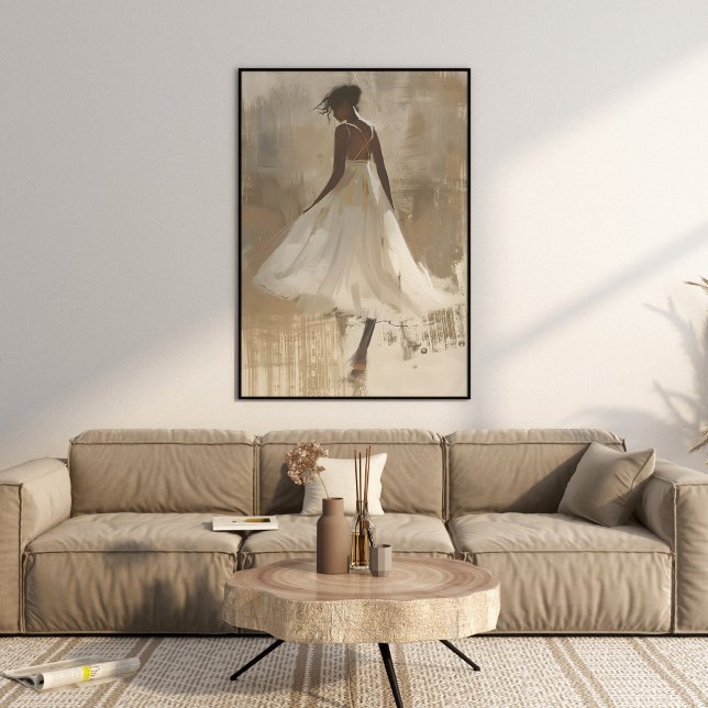 Poster Belle Dame en Robe Blanche Art esthétique Mur (Beautiful Lady in White Dress Aesthetic Wall Art in a beautiful beige neutral boho luxe living room.)