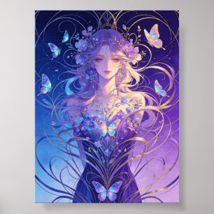 Poster belle dame papillon en couleur bleue et violette