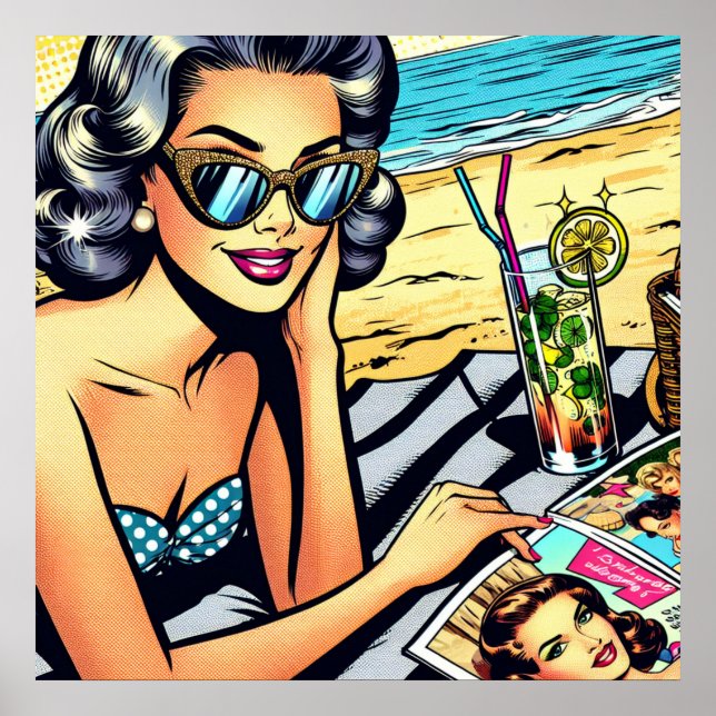 Poster Belle dame rétro à la plage avec Cocktail (Devant)