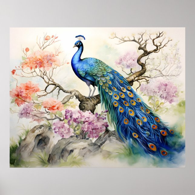 Poster Belle Elégante Peacock Bleu Vert Art (Devant)