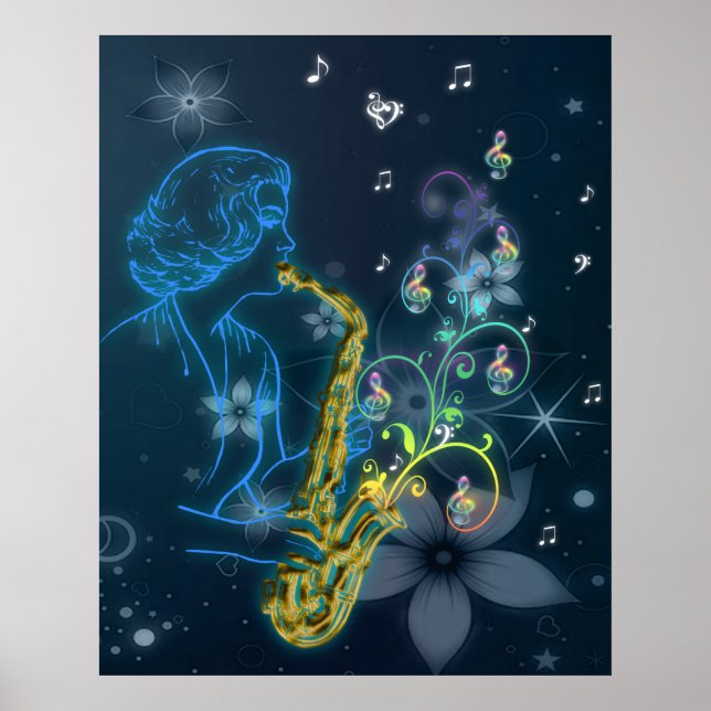 Poster Belle et cool Dame bleu brillant jouant de la musi (Devant)