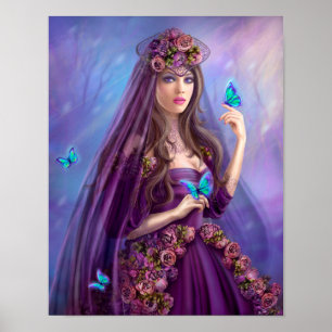 Poster Belle fée femme et papillons bleus. Familles