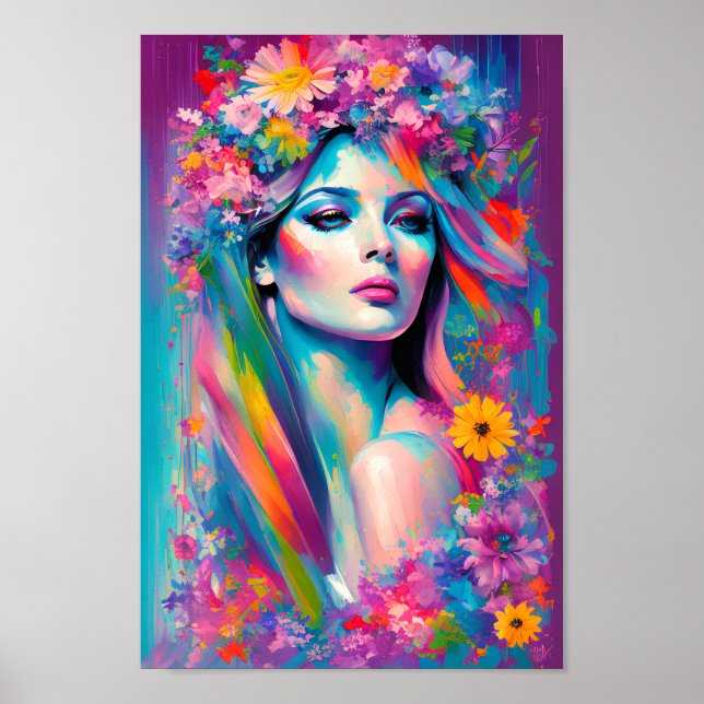 Poster Belle femme Aquarelle Floral Arc-en-ciel (Devant)