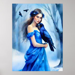 Poster Belle Femme au corbeau, dans une forêt de neige