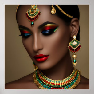 Poster Belle femme aux bijoux verts dorés exotiques égypt