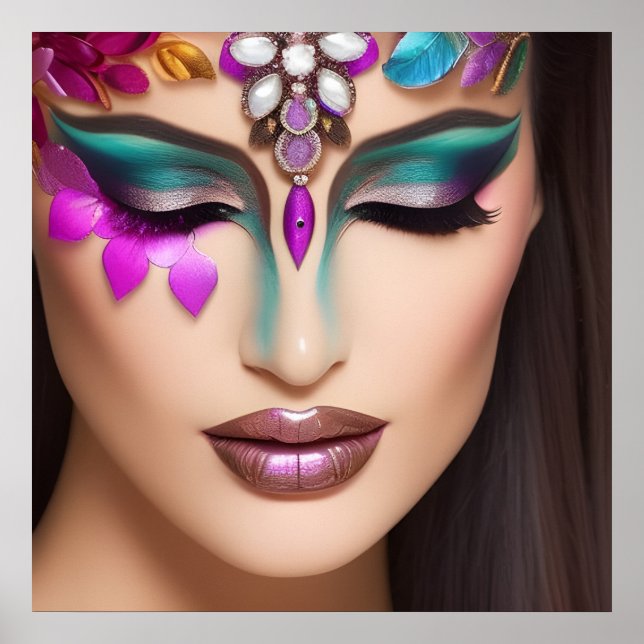 Poster Belle femme avec maquillage visage bijoux (Devant)