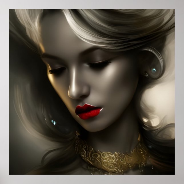 Poster Belle femme blonde bronze or avec lèvres rouges 3 (Devant)