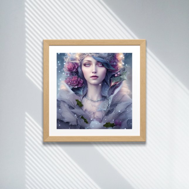 Poster Belle Femme d'hiver Floral et Neige (Créateur téléchargé)