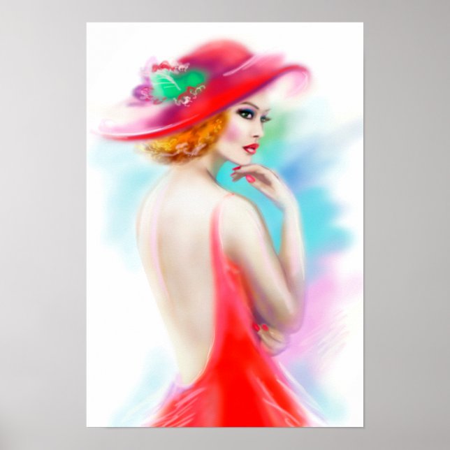Poster belle femme en casquette rouge et robe (Devant)