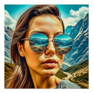 Poster Belle femme en lunettes de soleil Montagne Reflect