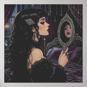 Poster Belle femme gothique regardant dans un miroir anti