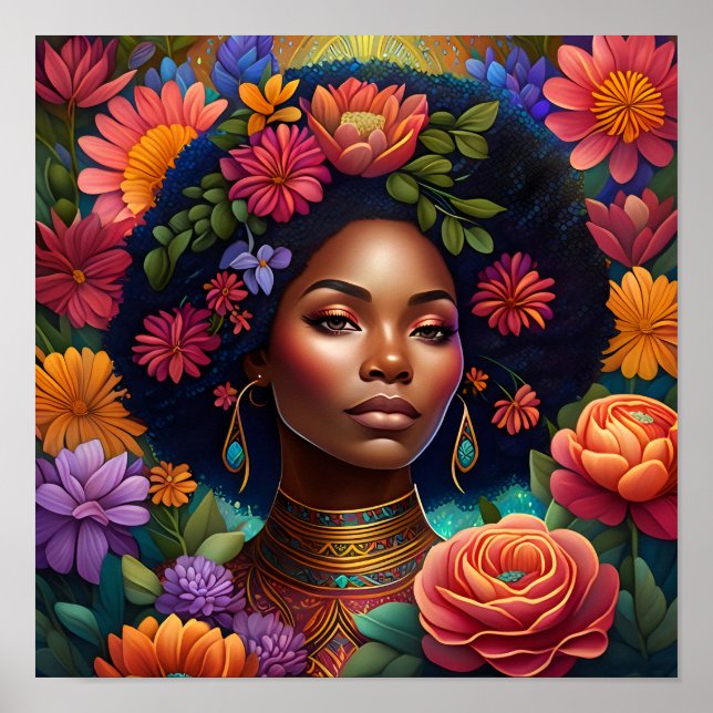 Poster Belle femme noire entourée de fleurs (Devant)