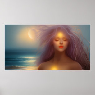Poster Belle femme plage clair de lune océan 4