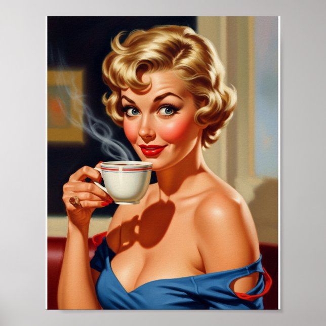 Poster Belle femme rétro avec une tasse de café (Devant)