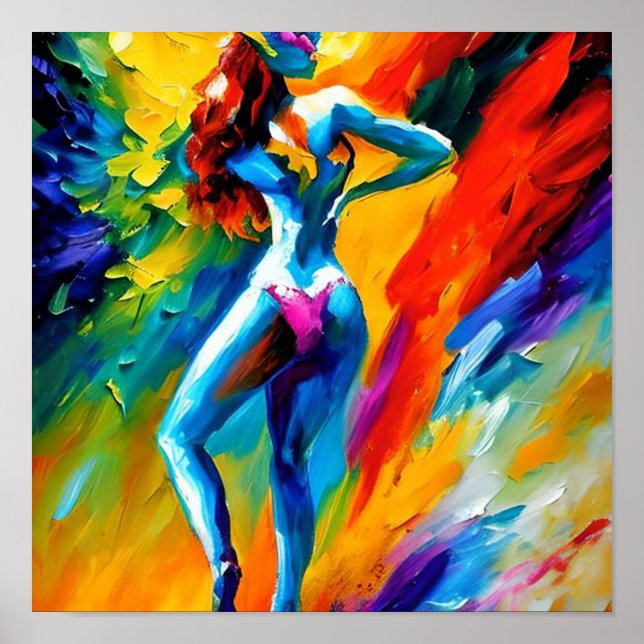Poster Belle Femme Se Baigner Sous La Cascade Abstraite (Devant)