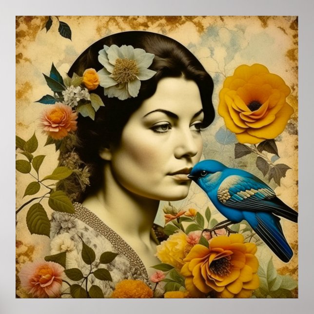 Poster Belle femme Vintage en fleurs (Devant)