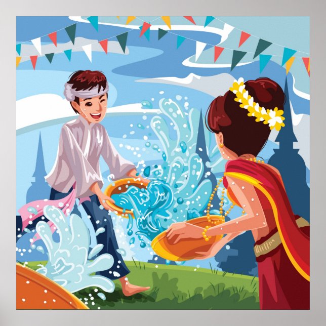 Poster Belle fête de Songkran Jouer de l'eau (Devant)