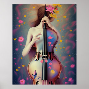 Poster Belle fille Art Nouveau avec violoncelle fleurs ro