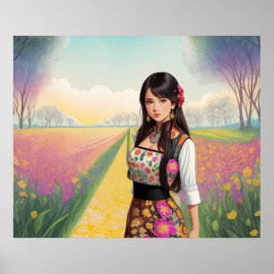 Poster Belle Fille dans un Jardin de Fleurs