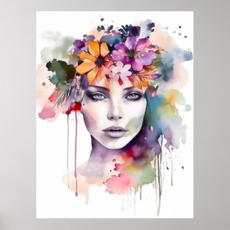 Poster Belle fille d'aquarelle avec des fleurs dans ses c