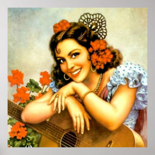 Poster Belle Fille de Calendrier Mexicaine avec Guitare 