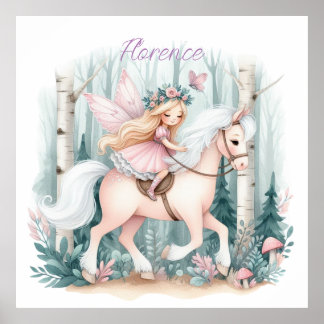 Poster Belle fille de fée à cheval dans une forêt enchant