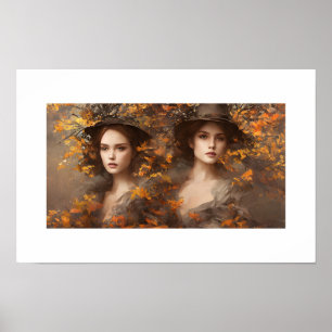 Poster Belle fille entourée de feuilles