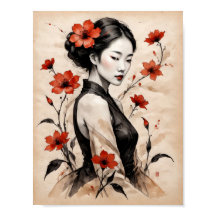 Belle fille japonaise avec des fleurs sur parchemi