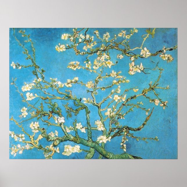 Poster Belle fleur d'amande antique peinture bleu vert (Devant)