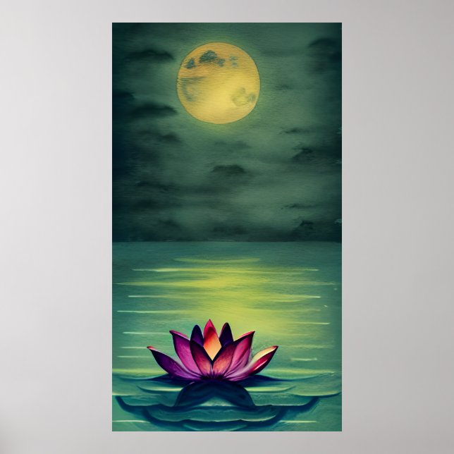 Poster Belle Fleur de Lotus Serene et une Pleine lune (Devant)