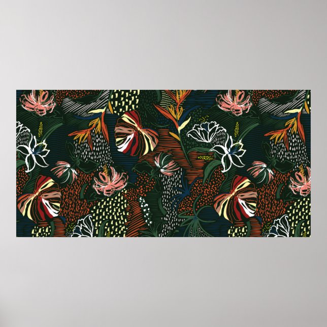 Poster Belle fleur rétro dessinée à la main, palme tropic (Devant)