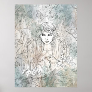 Poster Belle gothique fille avec un corbeau dessiné à la 